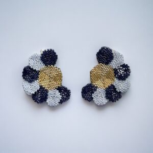 Beaded floral earrings on white background.