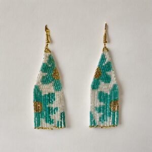 Handmade beaded turquoise earrings on white background.