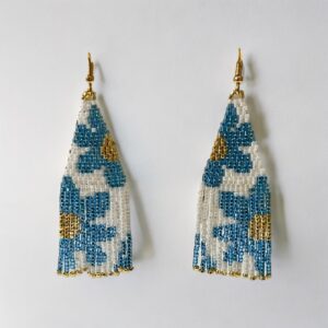 Handmade beaded tassel earrings, blue and gold.