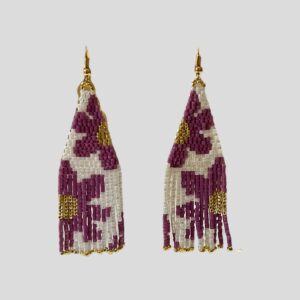 Beaded fringe earrings, purple and gold, white background.